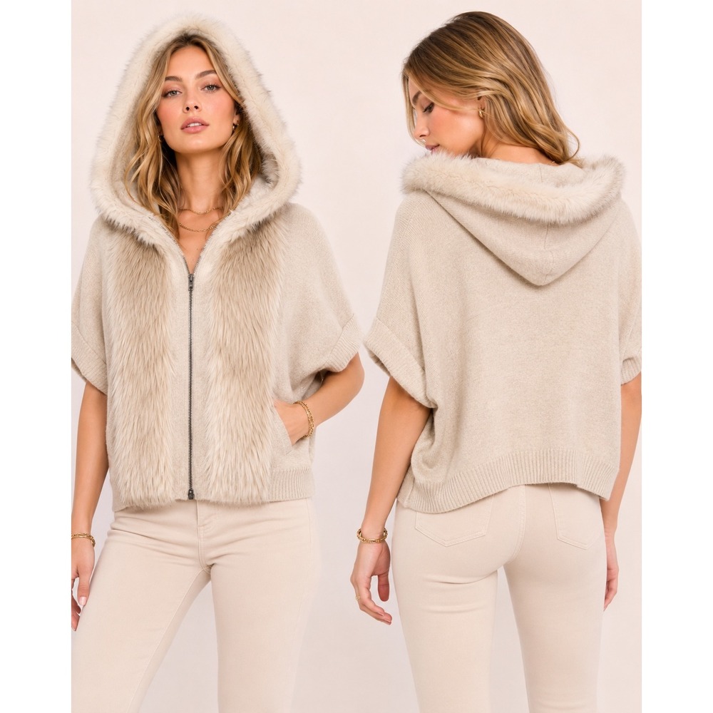Sleeping on Snow Anthropologie Faux Fur Hooded Zip Up Sweater Vest Grey XS